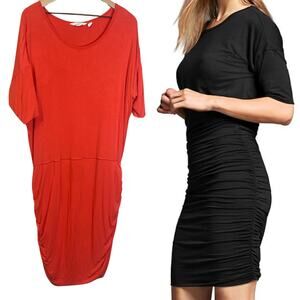 Athleta Solistice Tee Dress Ruched Bottom Half Sleeve Coral Red Modal Blend XL